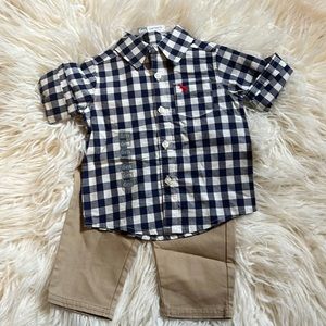 2-piece baby boy’s plaid shirt and khaki pant set.